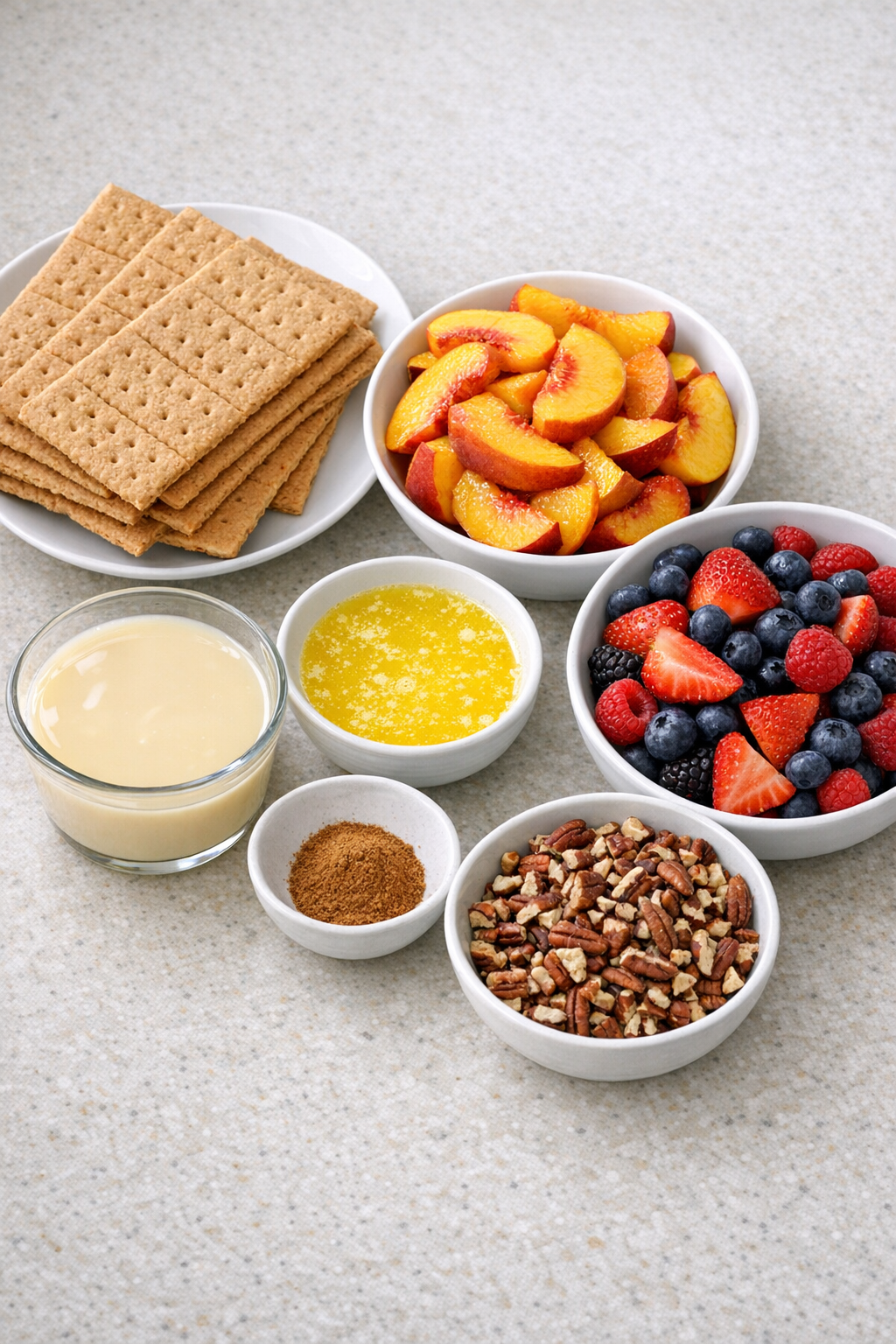 Measured ingredients for graham cracker fruit dessert