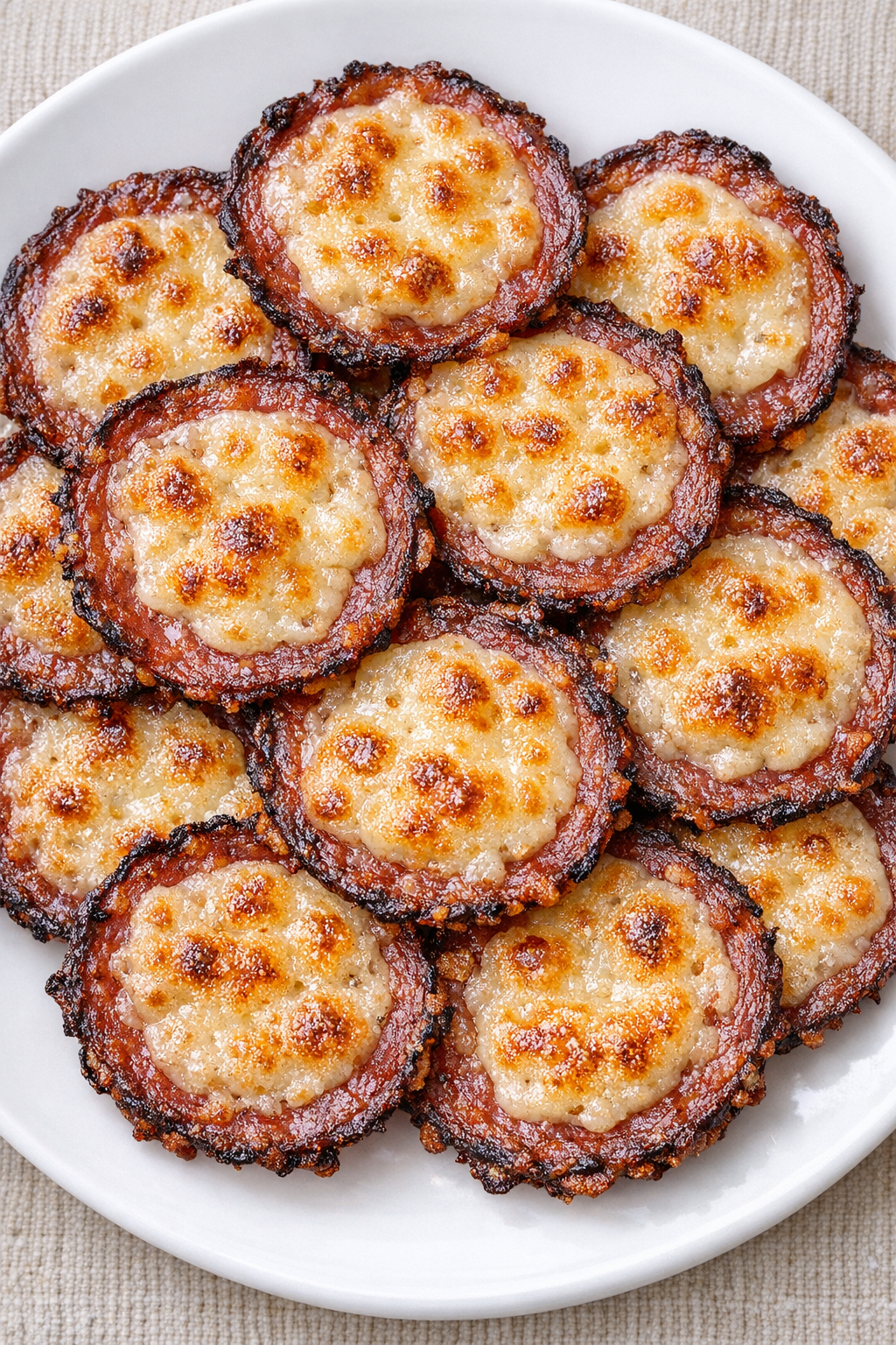 Low carb salami provolone crisps on a white plate