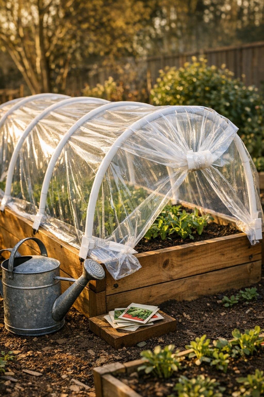 Finished raised bed warming tunnel made from PVC pipe and clear plastic in a spring backyard garden