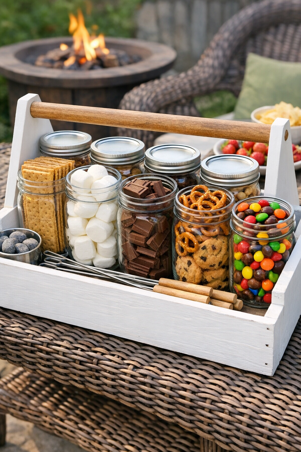 Finished painted wooden toolbox s'mores station with mason jar treat containers