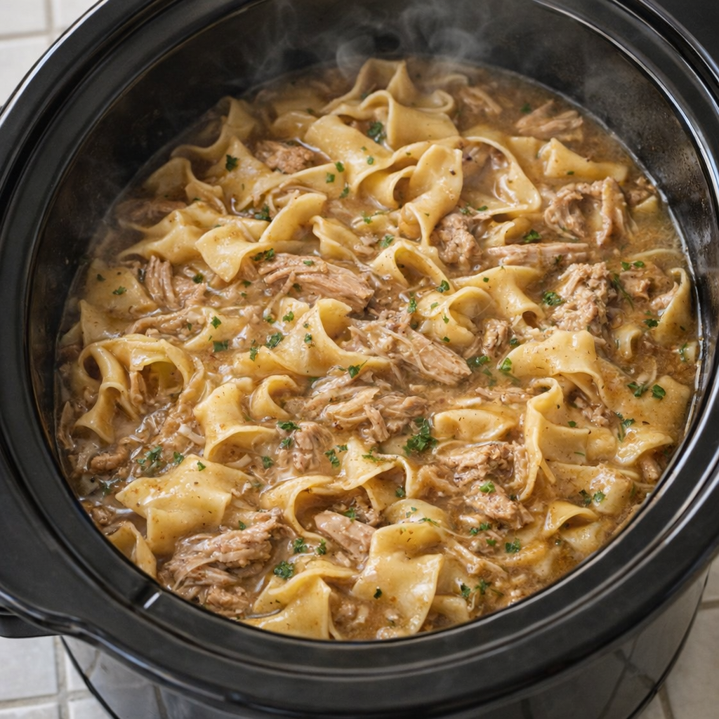 Egg noodles and shredded pork cooking together in the slow cooker