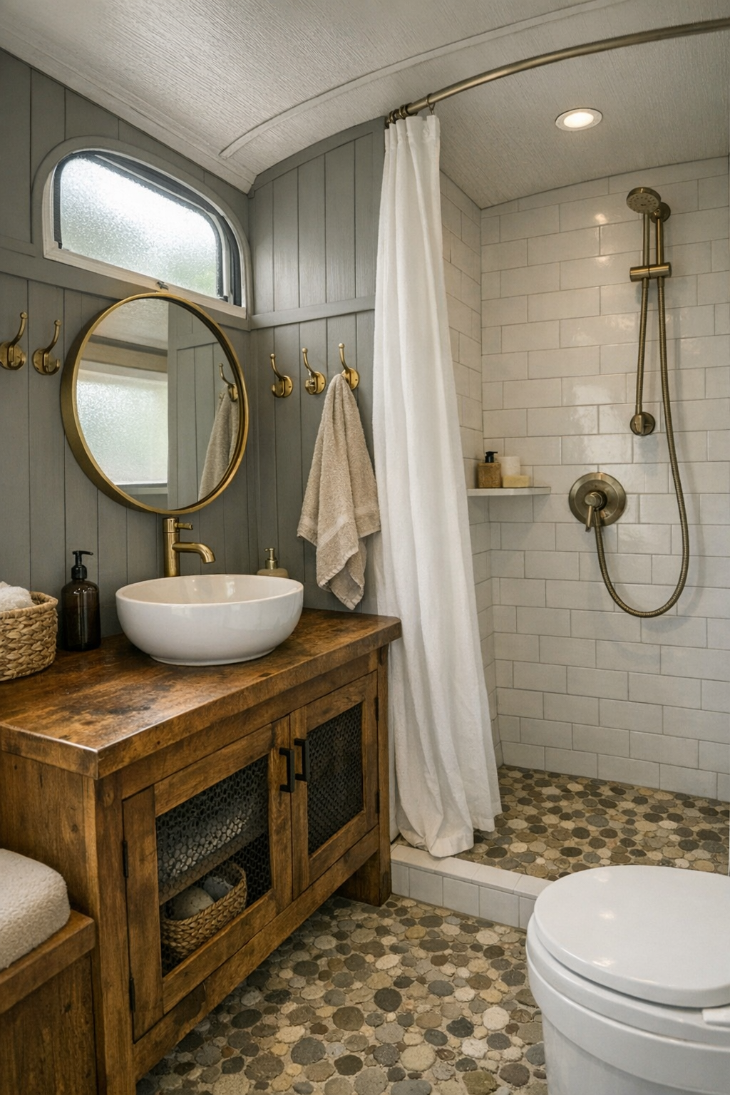 Compact rustic bus bathroom with wood vanity, round mirror, and simple tiled shower