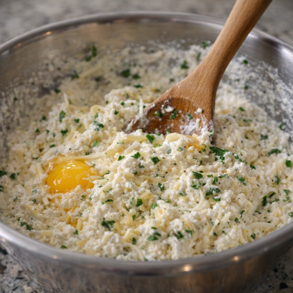 Cheese filling being mixed in a bowl with a wooden spoon
