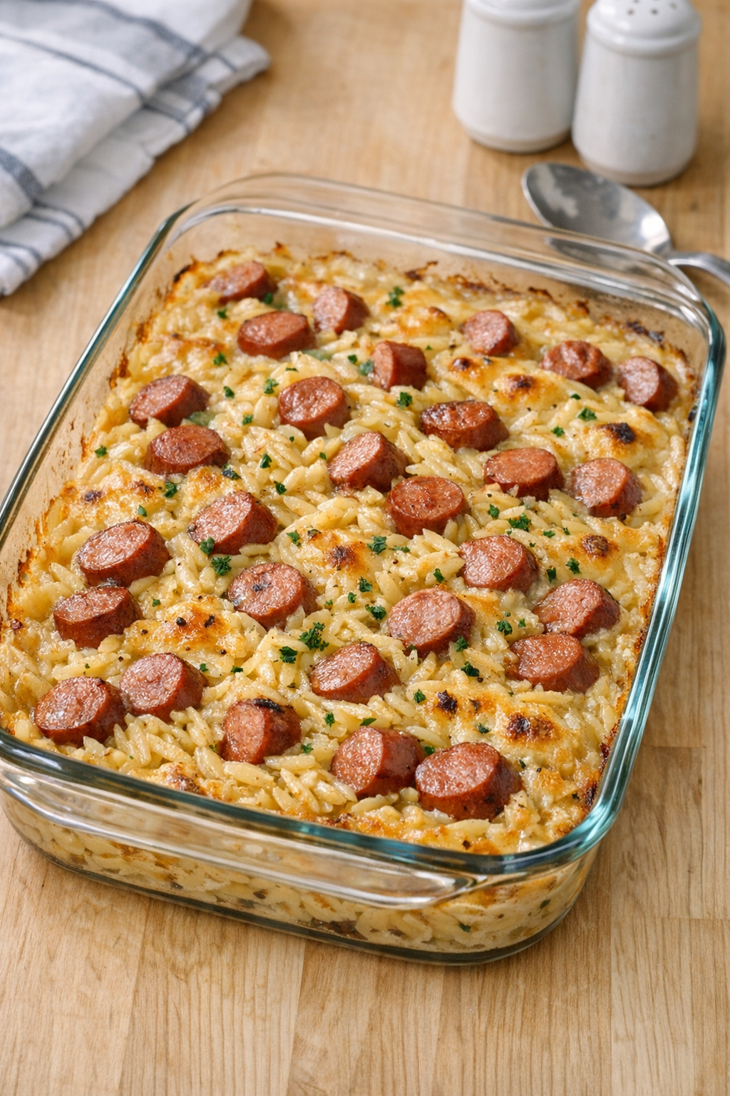 Finished baked frankfurter orzo casserole in a glass baking dish