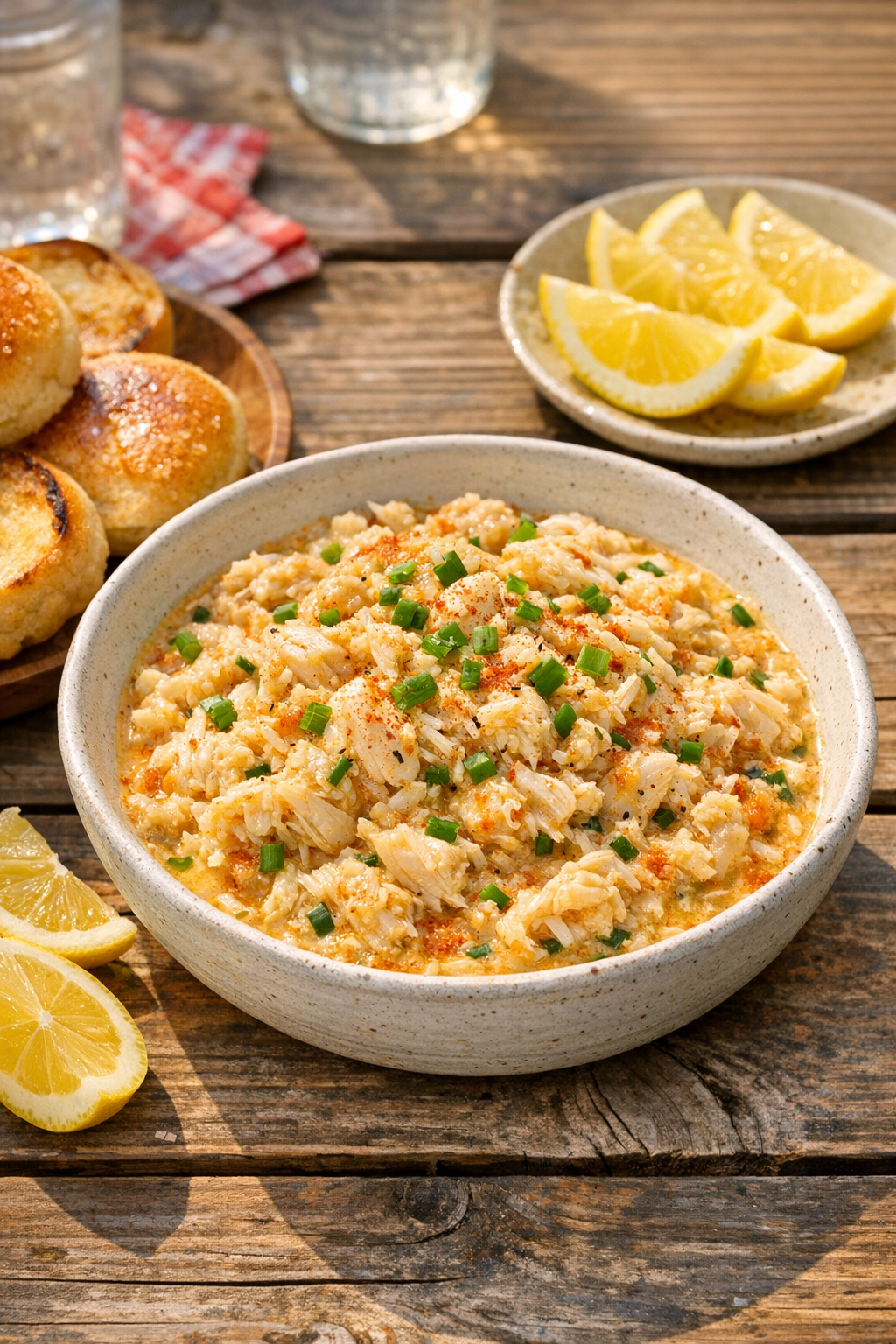 Finished slow cooker crab served warm in a rustic dish