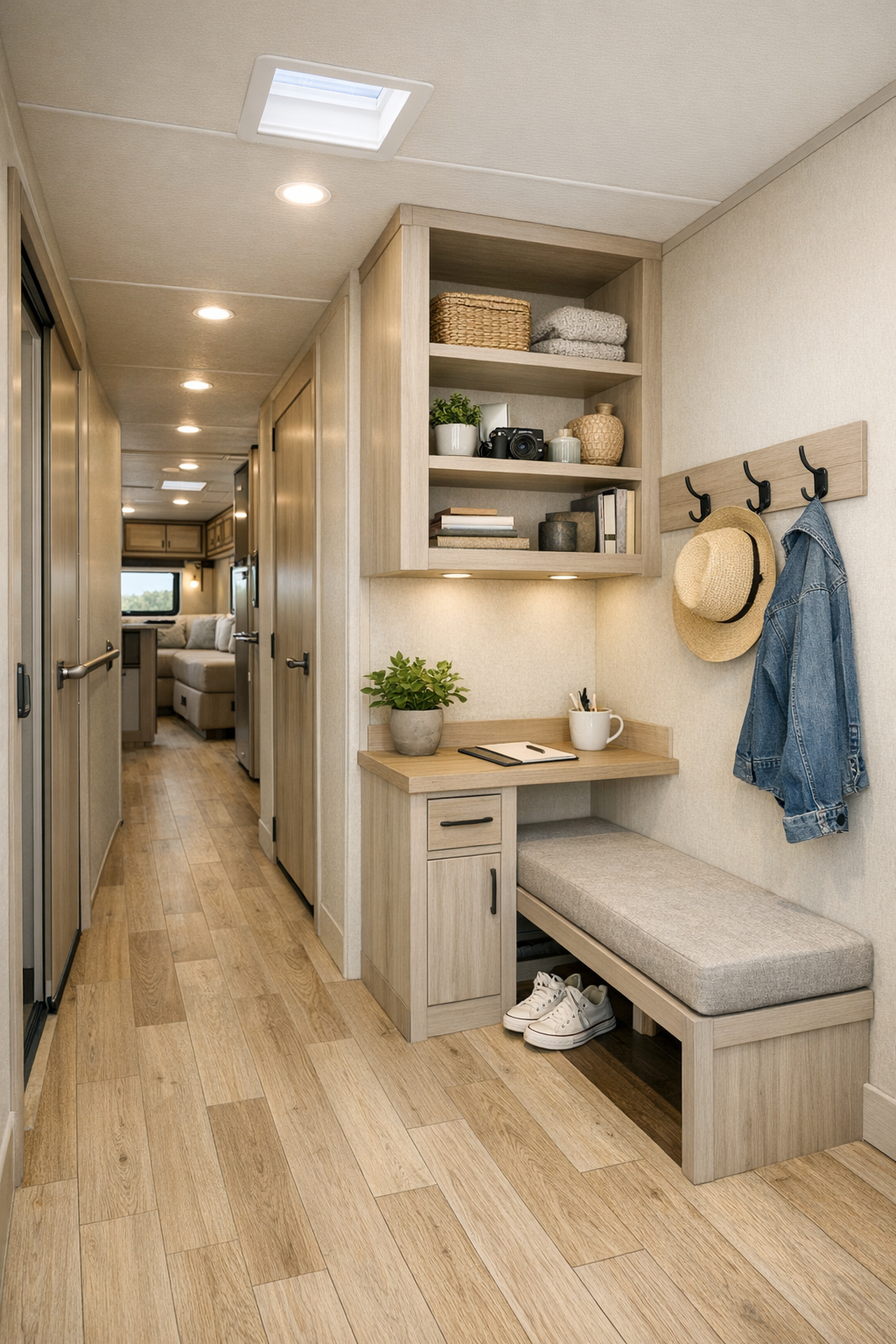 RV camper hallway and flexible nook with built-in storage and desk