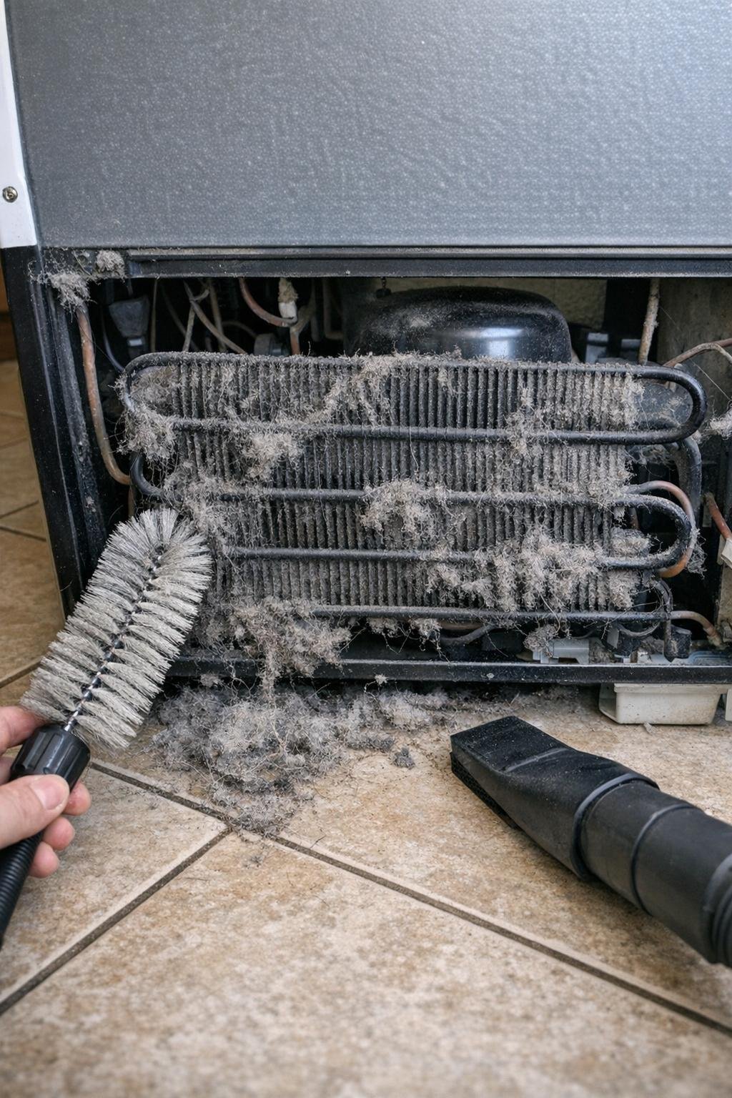 Dusty refrigerator coils being cleaned with a brush and vacuum