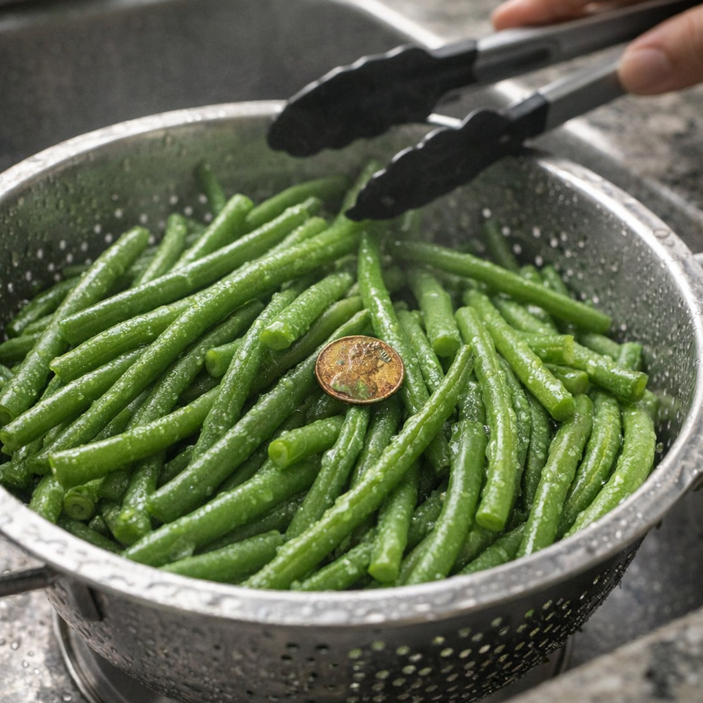 Cooked green beans drained in a colander