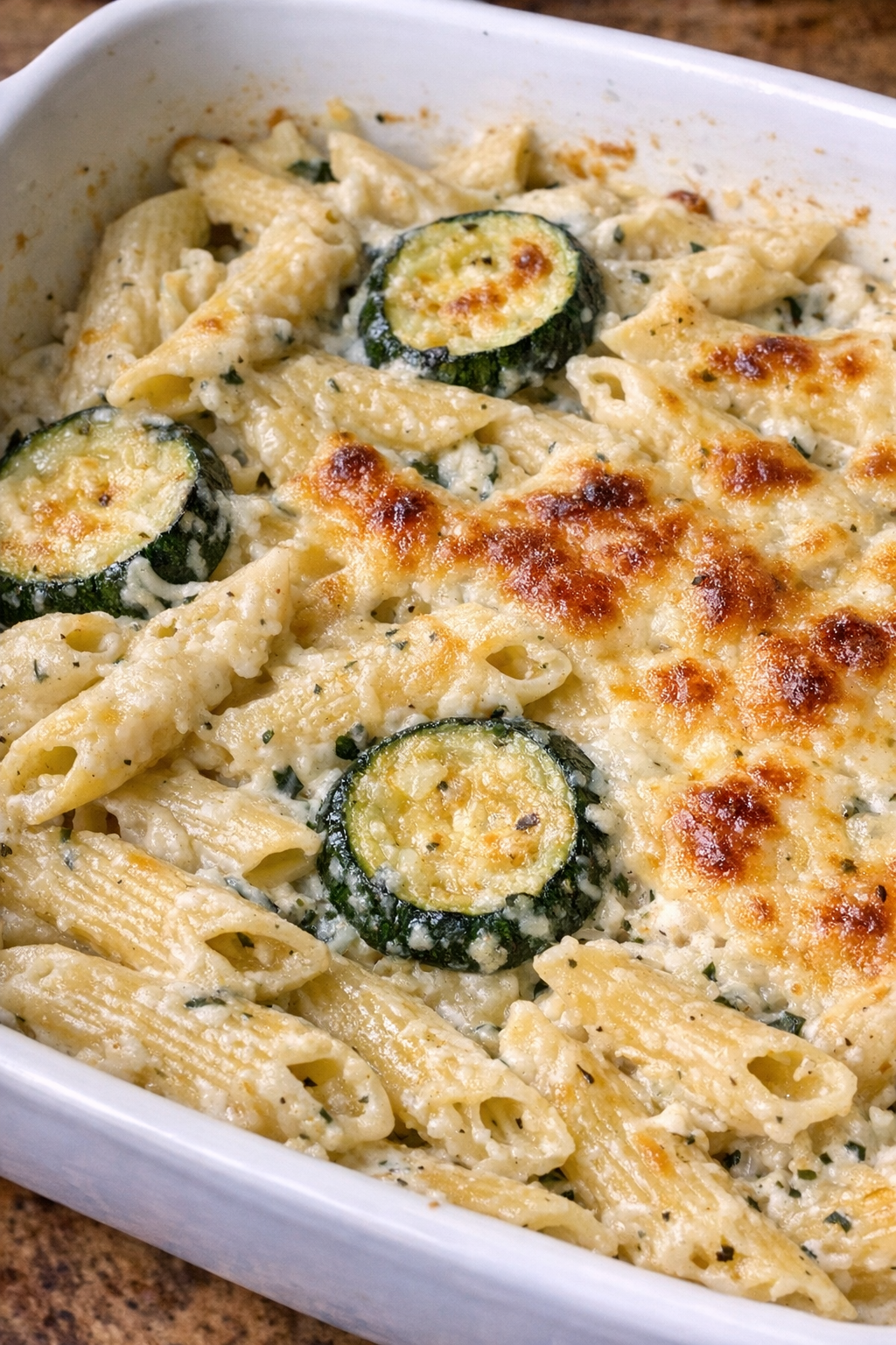 Creamy Boursin zucchini penne fresh from the oven