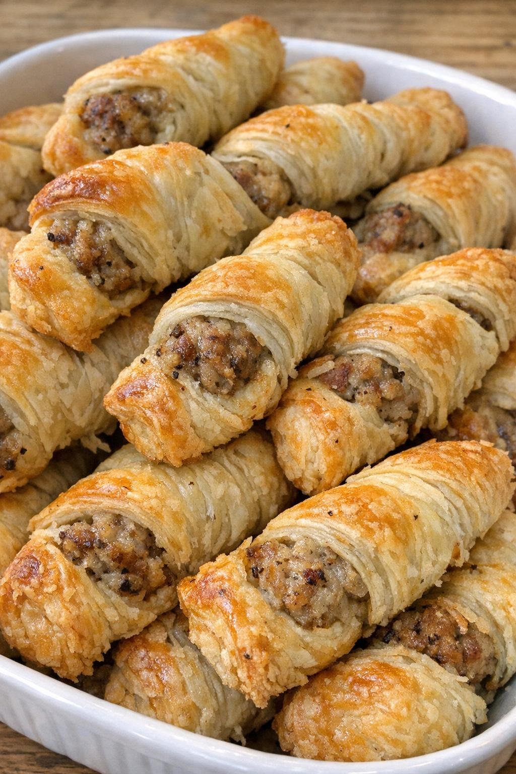 Golden flaky sausage twists piled in a serving dish