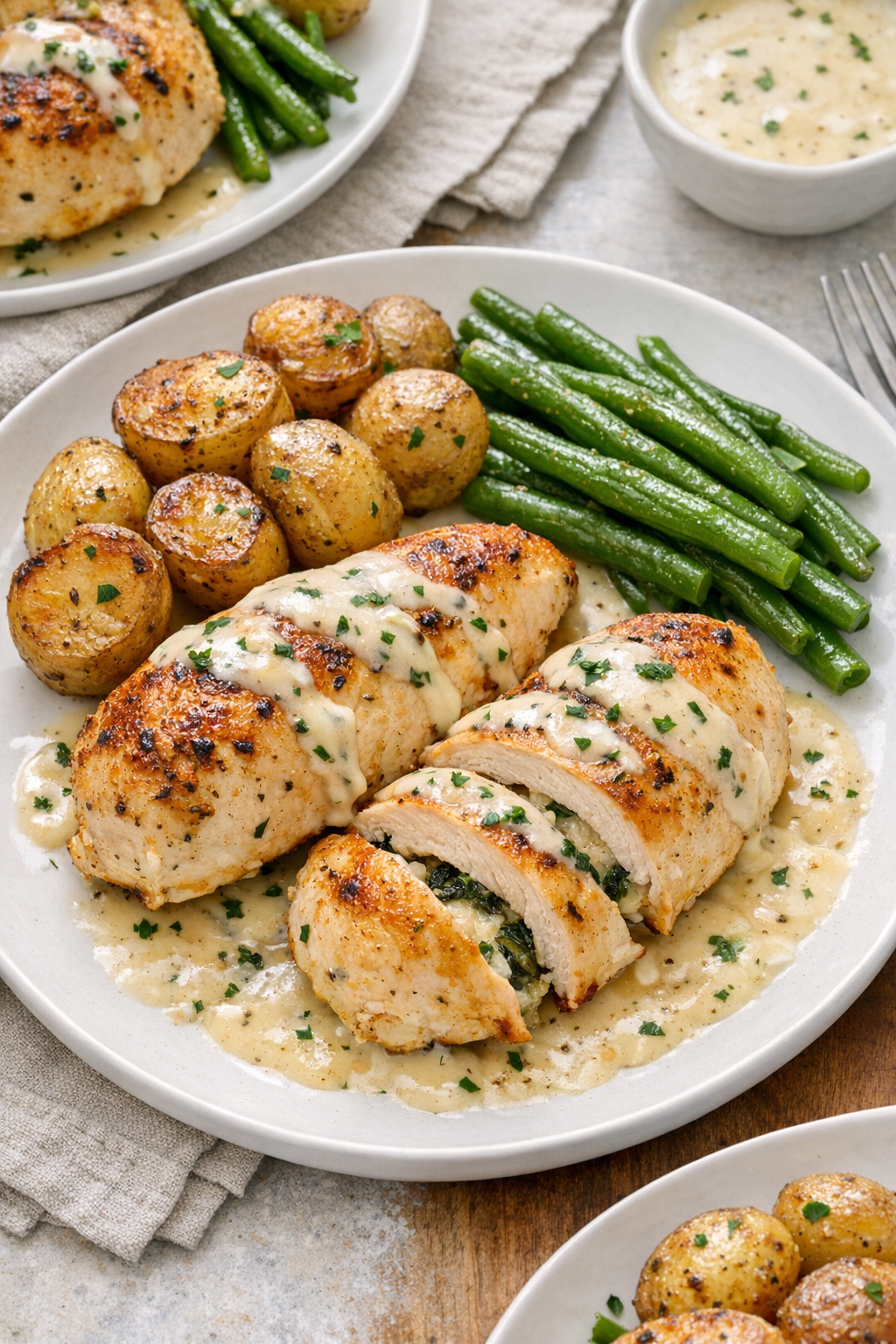 Finished plated stuffed chicken breasts with sauce