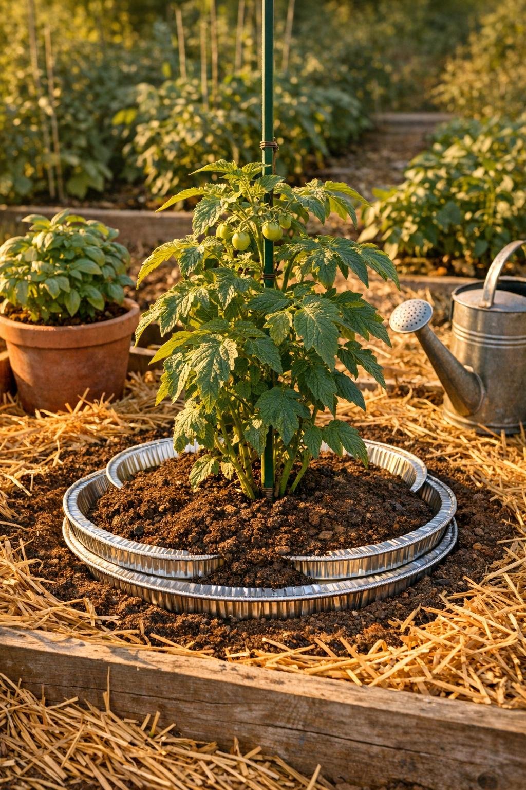 Finished garden bed with buried aluminum pie tin heat sinks around a healthy plant
