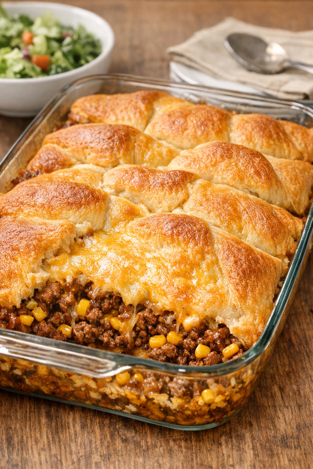 Beef crescent casserole variation with corn mixed in