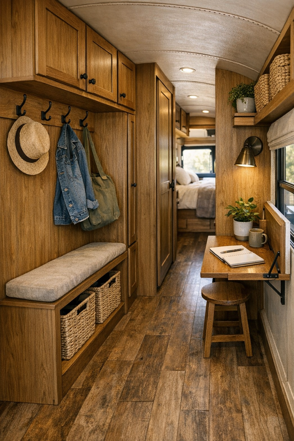 Functional hallway and work nook in a converted bus with storage and wood finishes