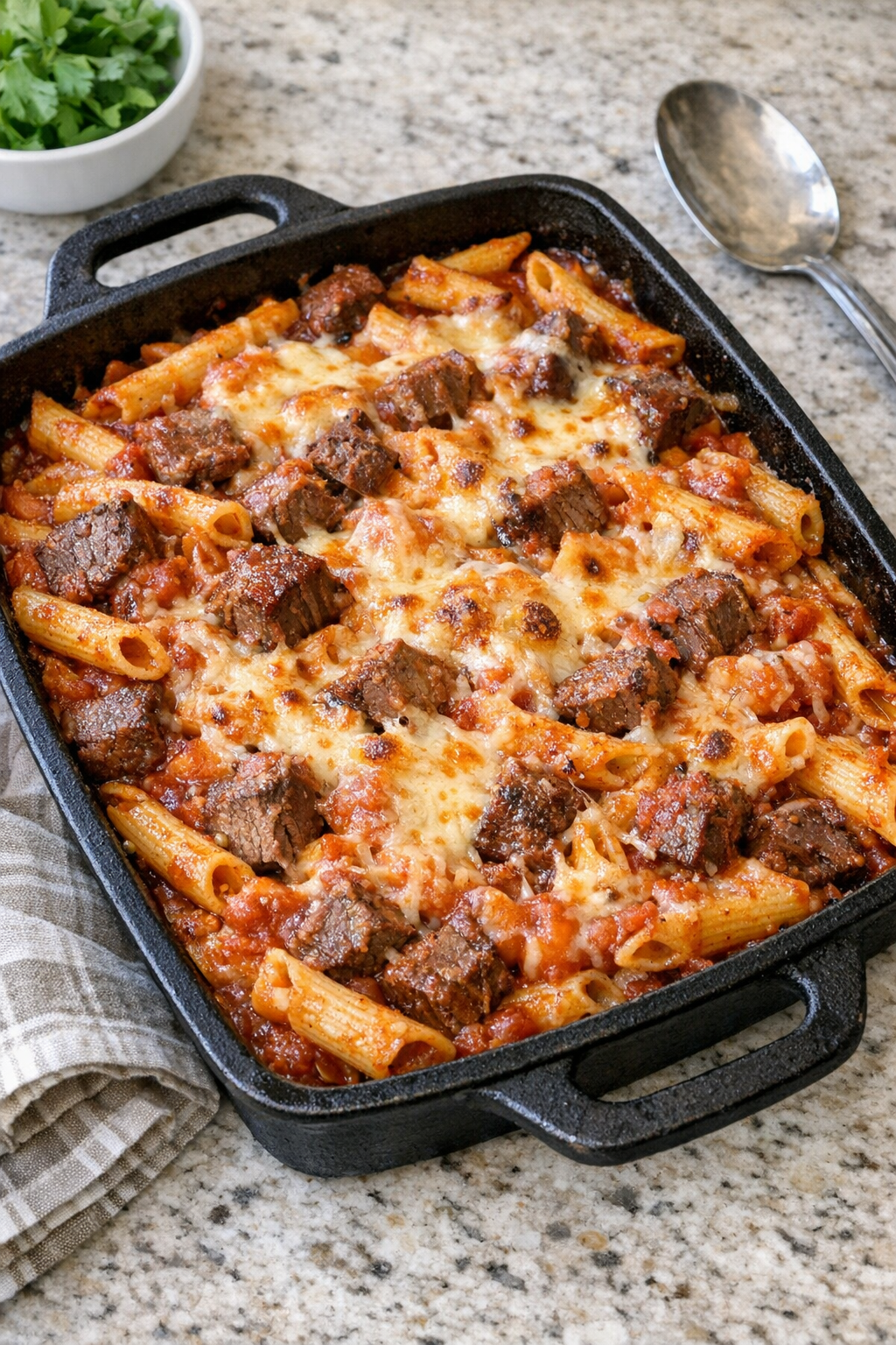 Finished baked beef brisket penne pasta in a cast iron baking dish
