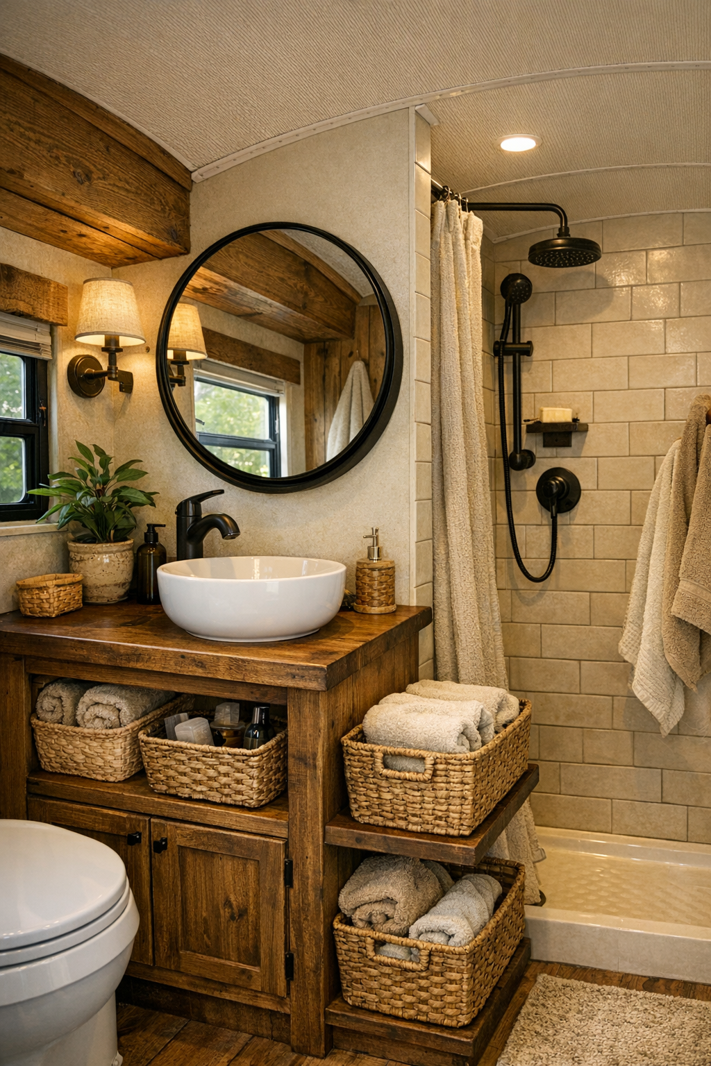 Small rustic bus bathroom with wood vanity and tiled shower