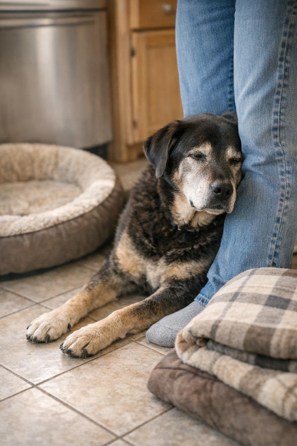 Older dog leaning against legs on a cool kitchen floor