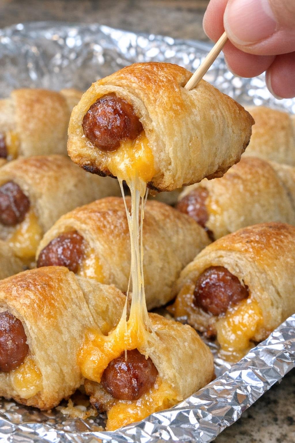 Golden crescent-wrapped little sausages with melted cheddar on a foil-lined platter