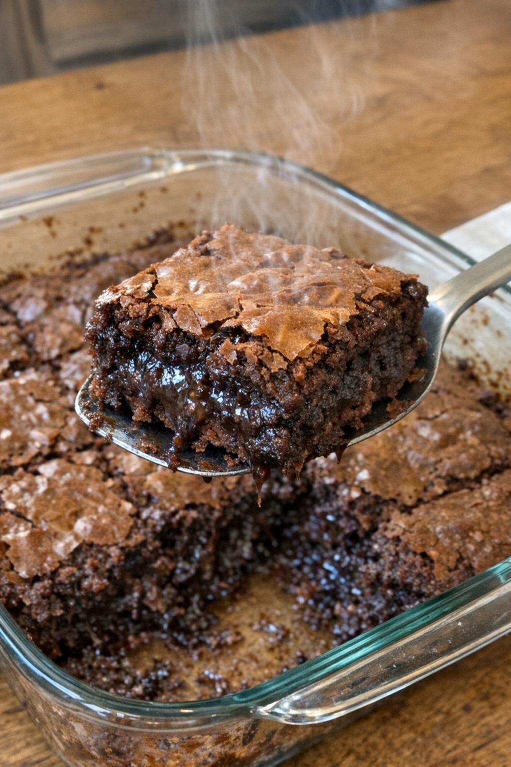 Rich chocolate brownies in a glass baking dish