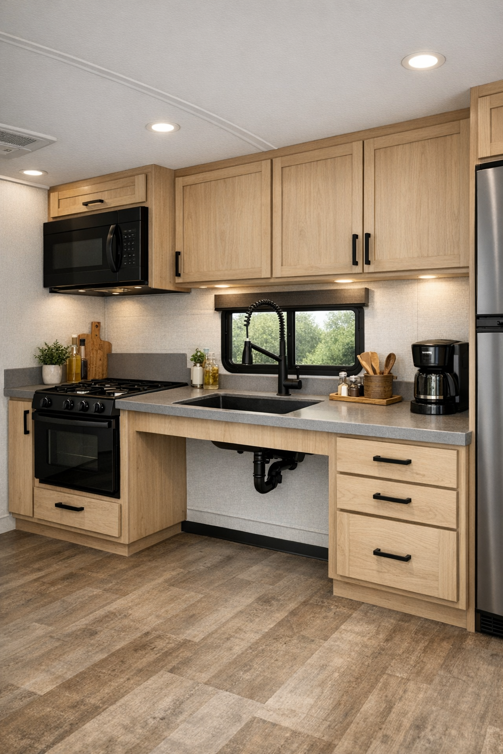 Accessible RV camper kitchen with pale wood cabinets and solid-surface counters