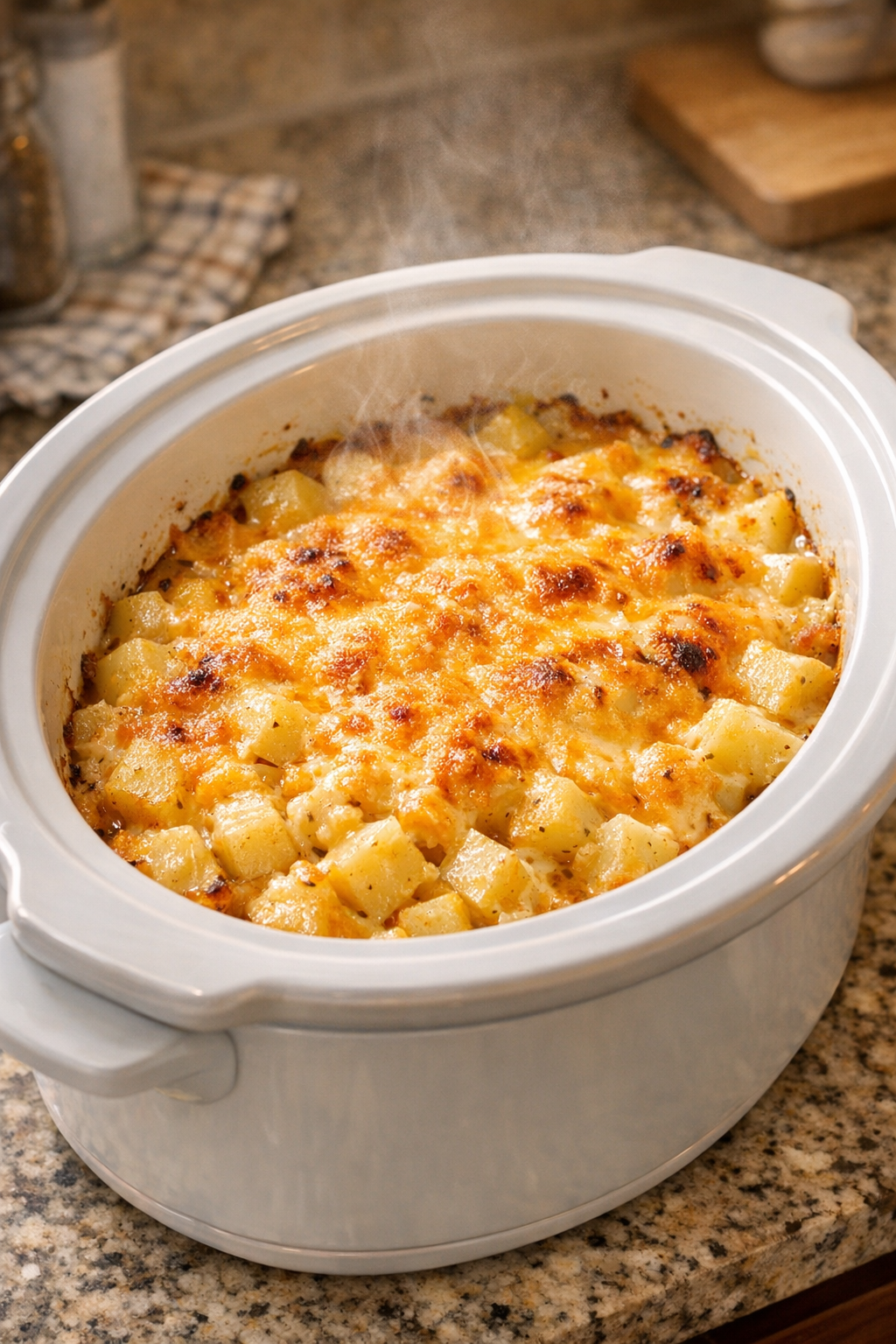 Finished cheesy potato casserole in a white oval slow cooker