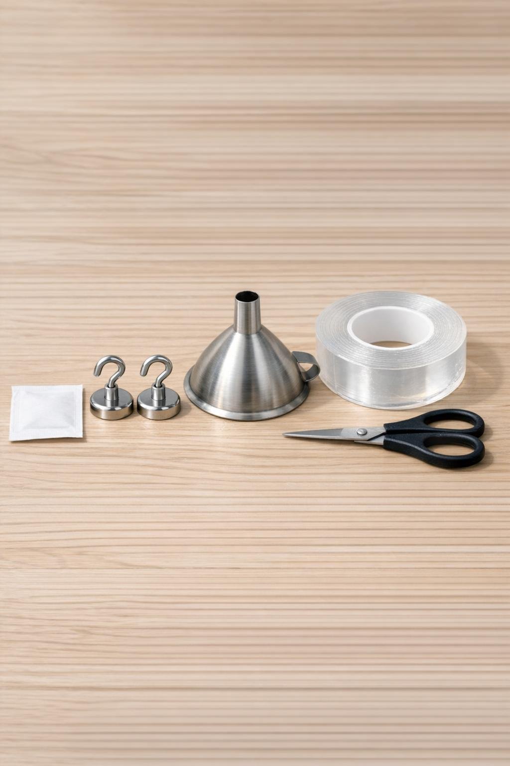 Materials for a magnetic dryer-side lint bin laid out on a table