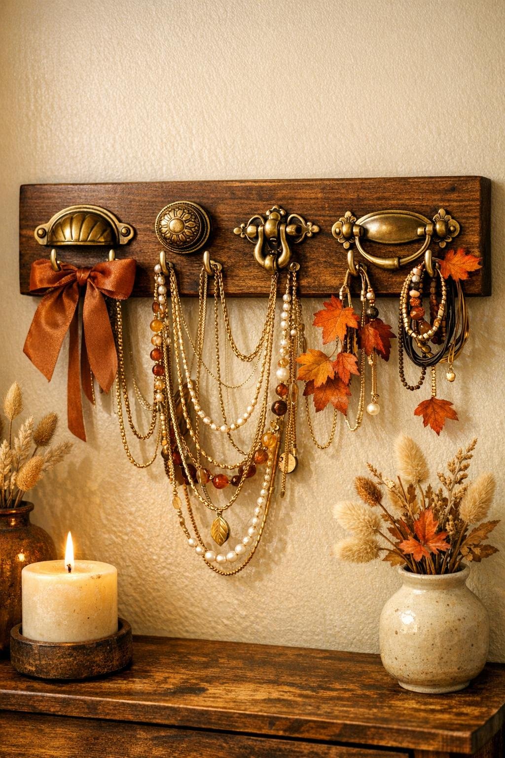 Finished fall jewelry organizer made from brass drawer pulls on a stained wood board