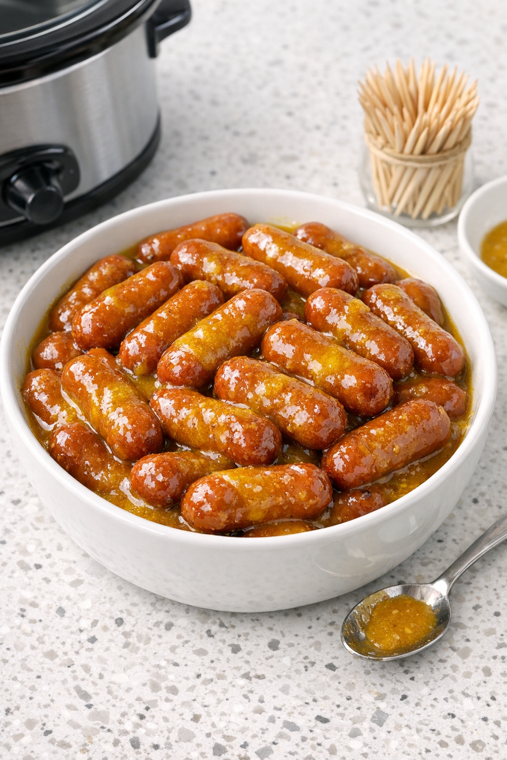 Finished honey mustard beef smokies in a serving bowl