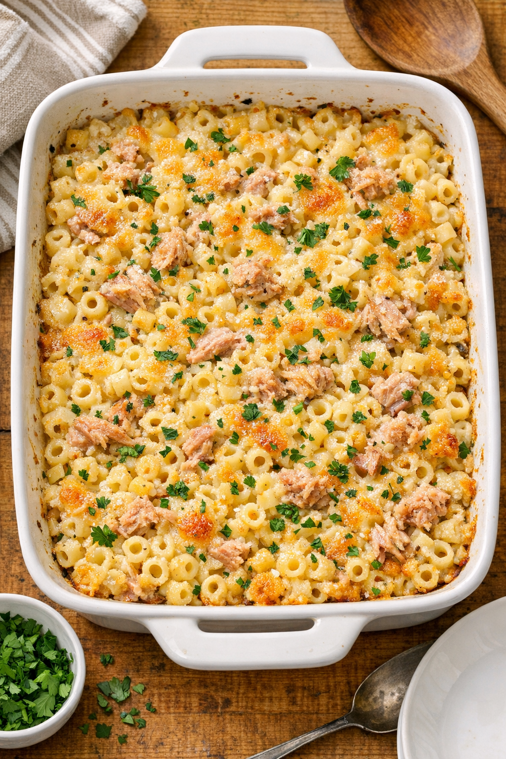 Finished baked smoked tuna ditalini in baking dish