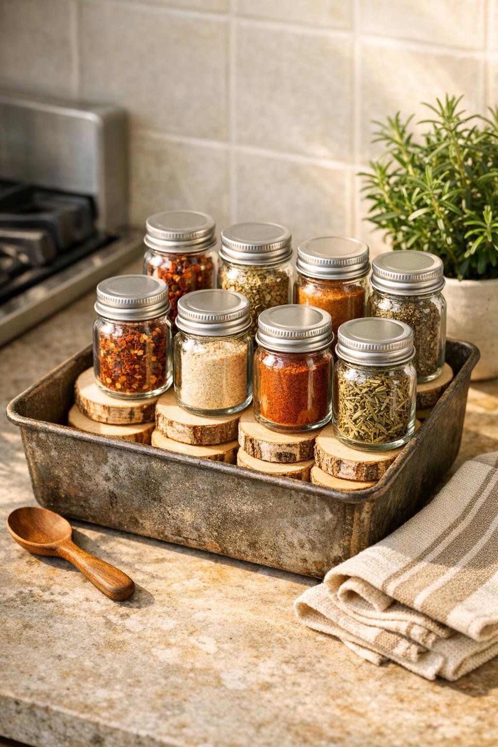 Finished spice jar riser made from wooden coasters and glass jars inside a vintage bread loaf pan