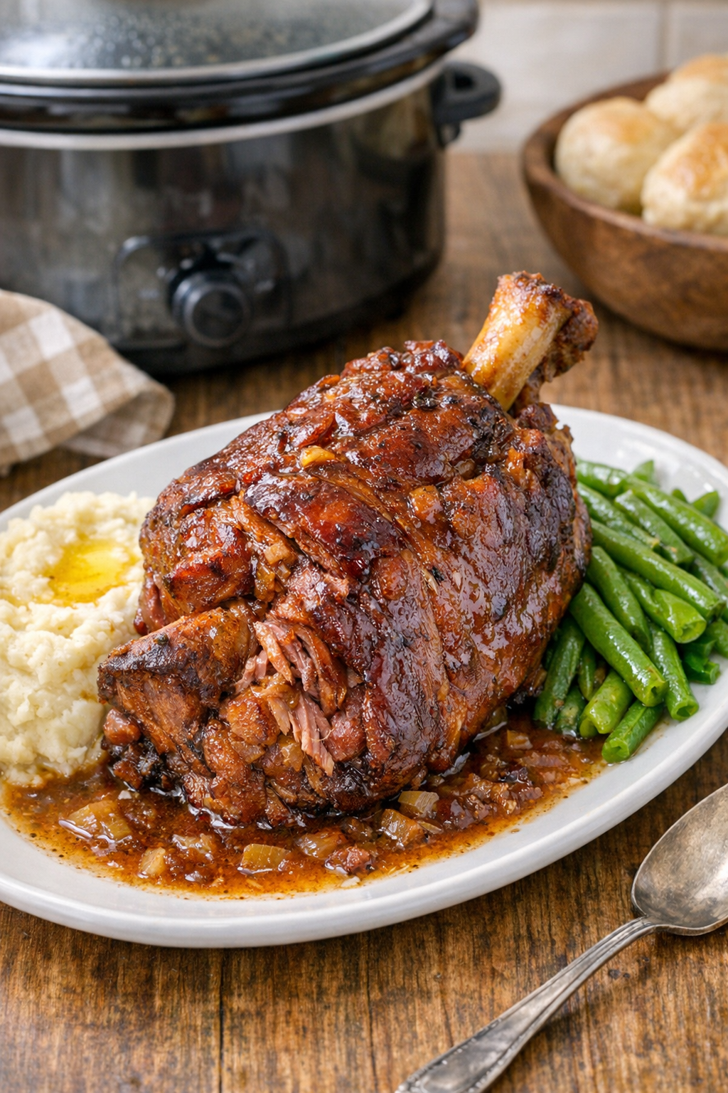 Finished ham shank plated for serving