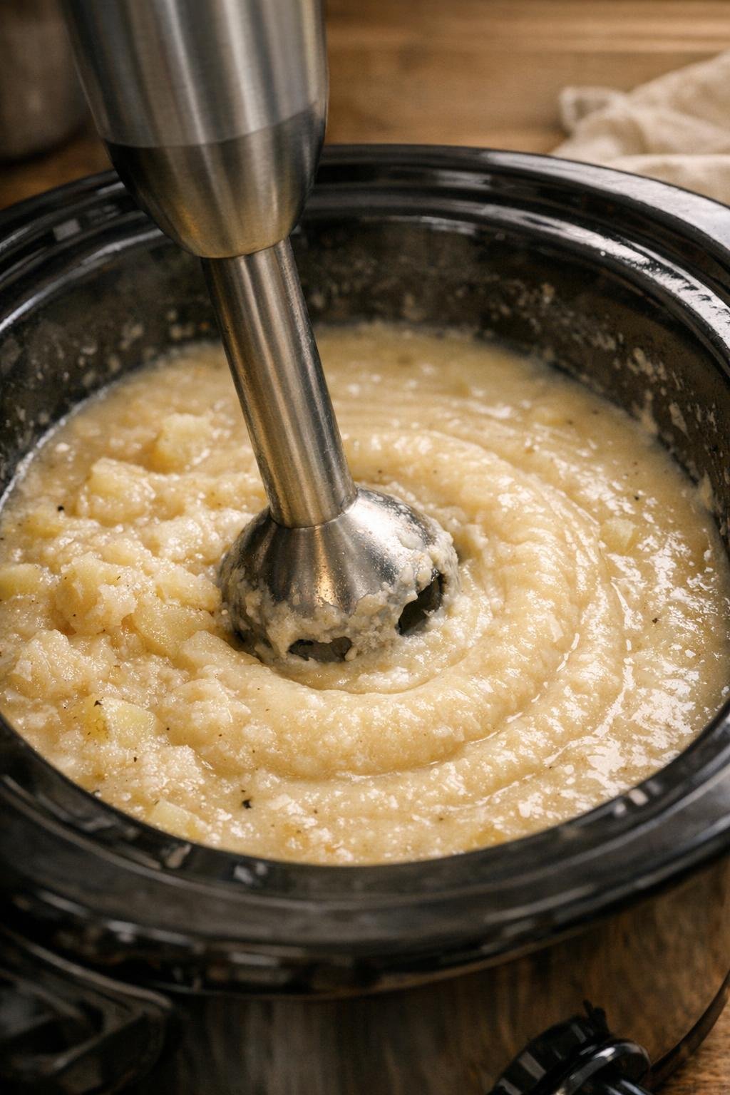 Soup being blended until smooth in the slow cooker