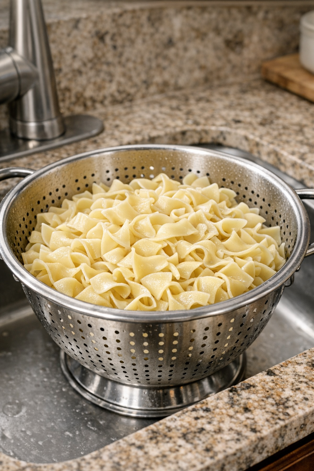 Cooked egg noodles drained and ready to add