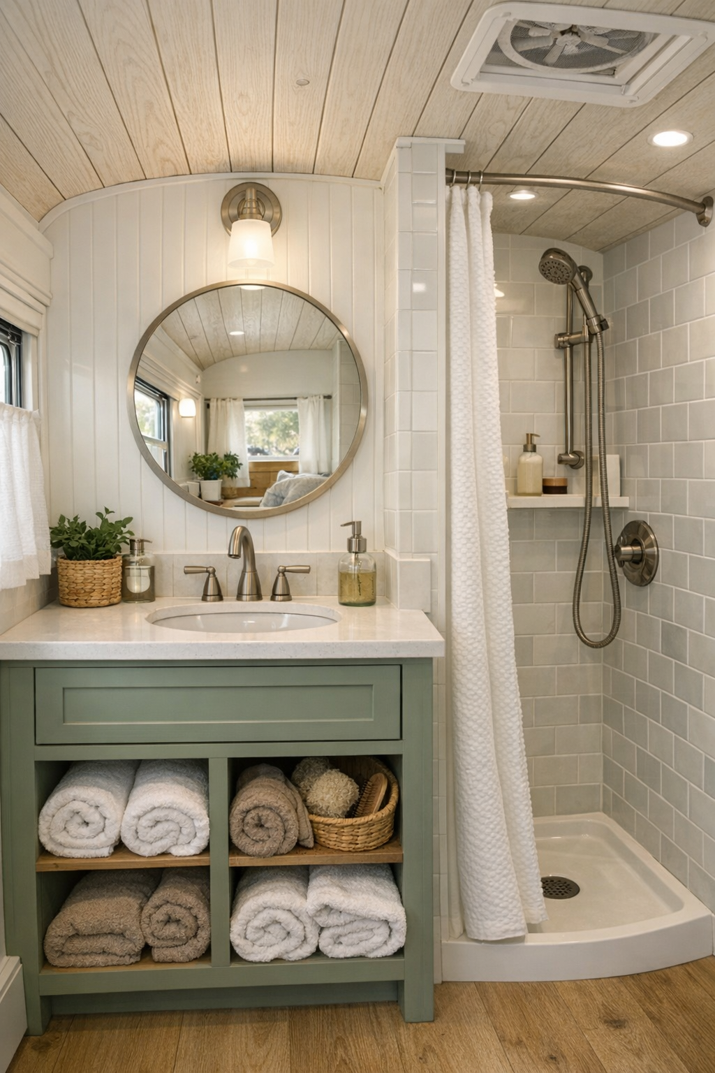Small bright bathroom in a converted bus with a painted vanity and simple tiled shower