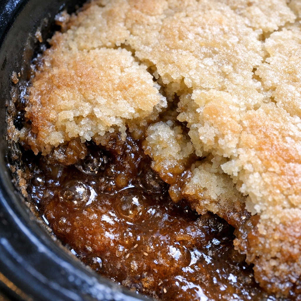 Chestnut-hued molten dessert bubbling in a slow cooker