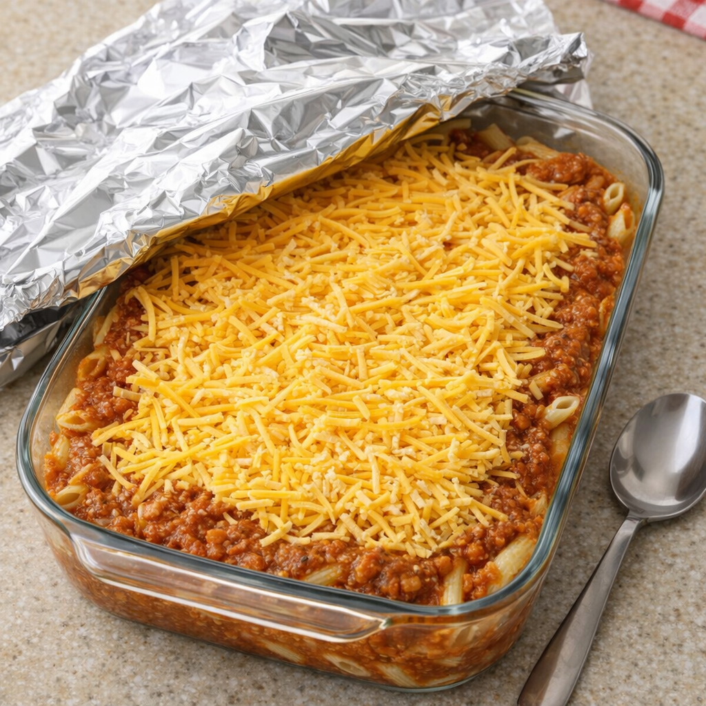 Casserole assembled before baking with cheese on top