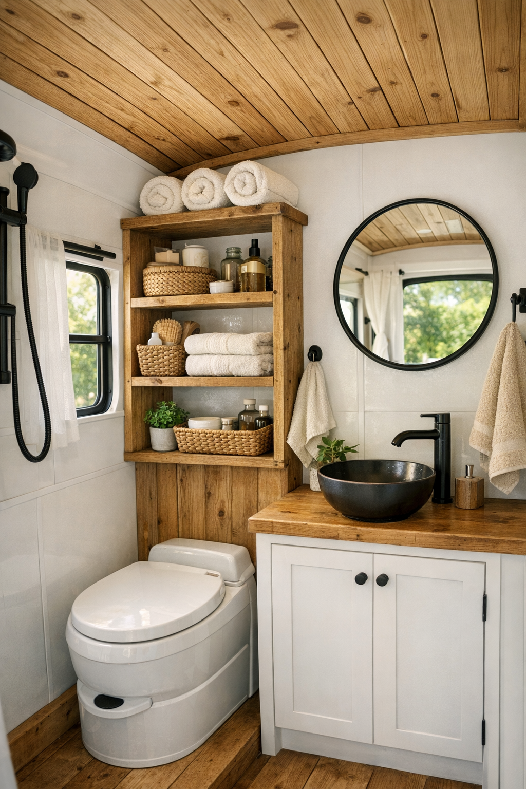 Compact rustic bus bathroom with a small vanity, round mirror, and dark fixtures