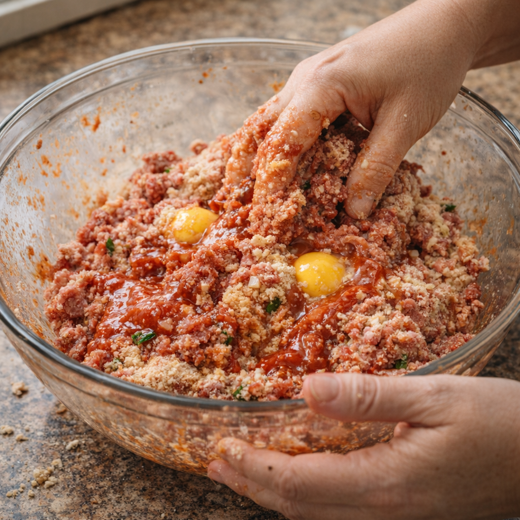 Ground beef mixture being combined in a bowl