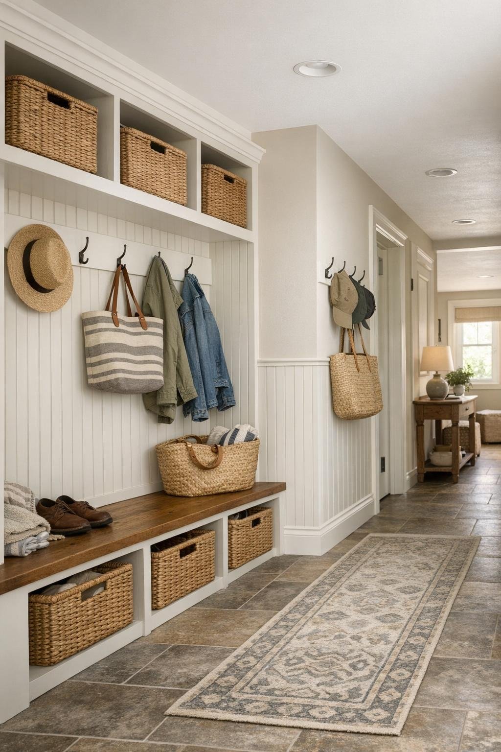 Cottage mudroom and hallway with beadboard, cubbies, and soft neutral finishes