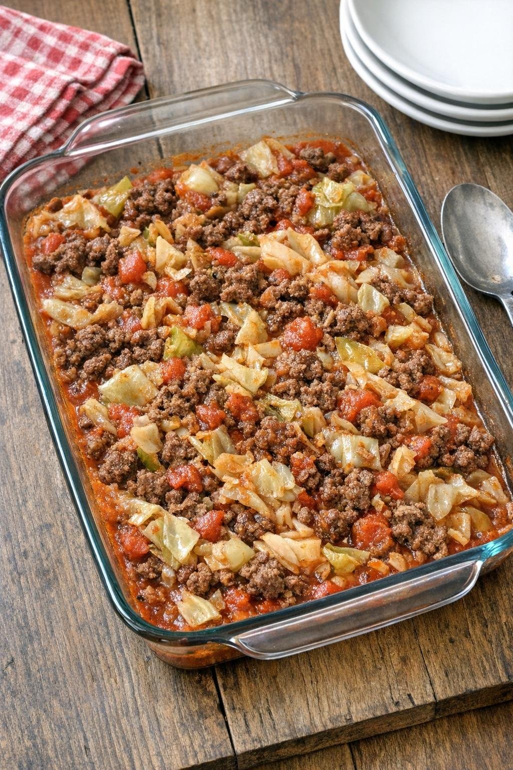 Finished baked cabbage and beef casserole in a glass dish