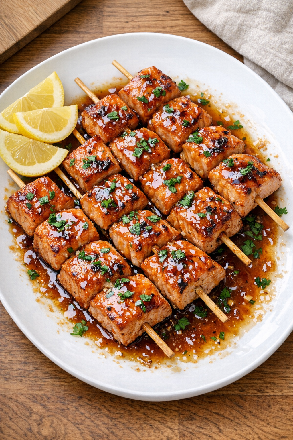 Finished baked salmon skewers glazed and plated
