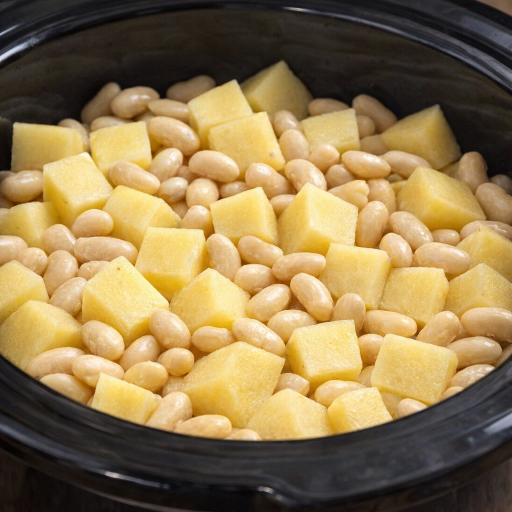 Potatoes and butter beans layered in a slow cooker before cooking