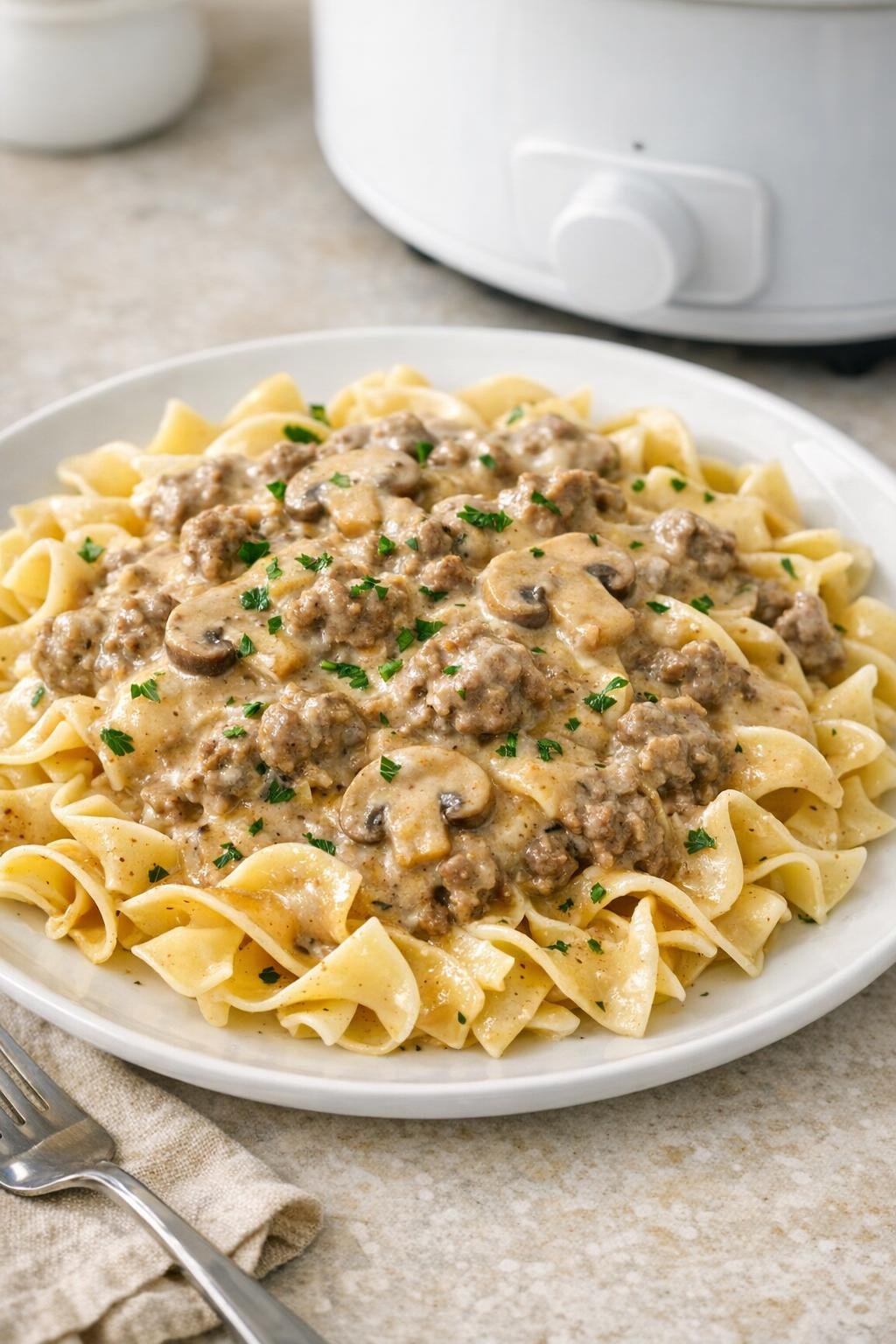 Finished creamy beef stroganoff plated over egg noodles