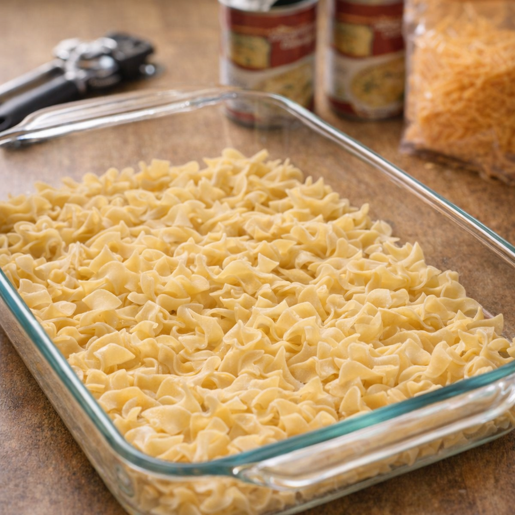 Egg noodles spread in a greased baking dish