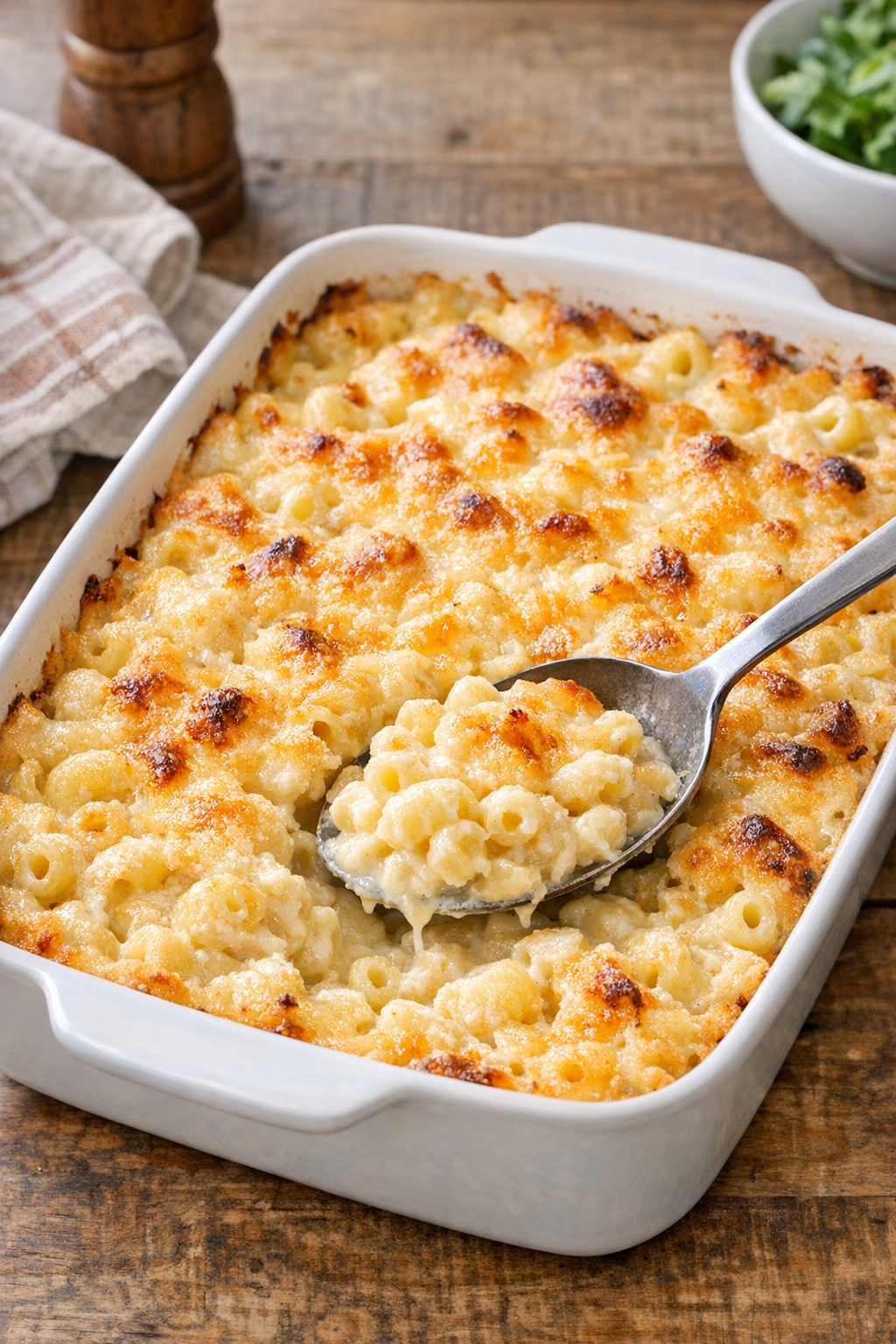 Finished baked creamy asiago macaroni in a casserole dish