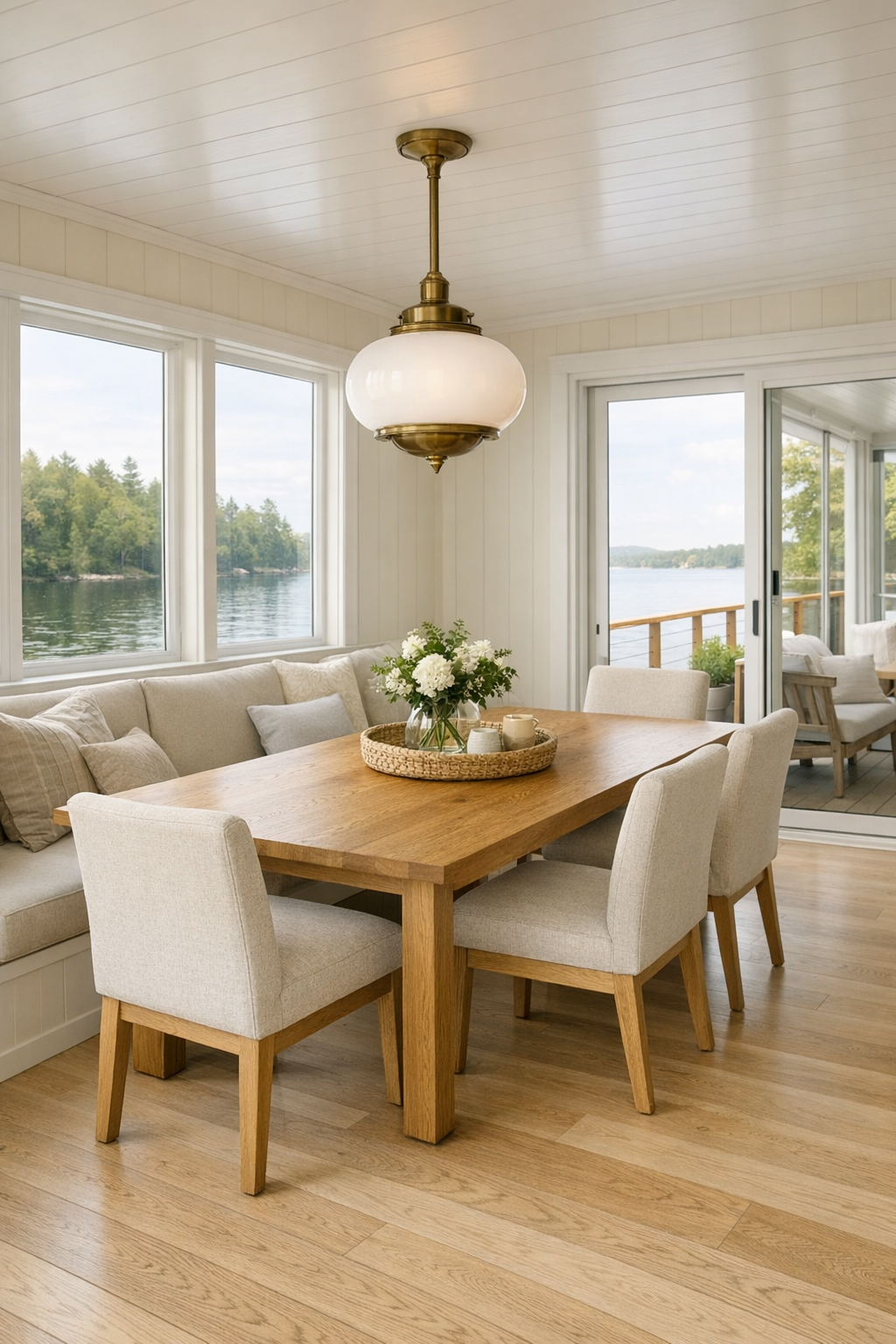 Open cottage dining room with oak table, upholstered chairs, built-in banquette, and warm brass lighting