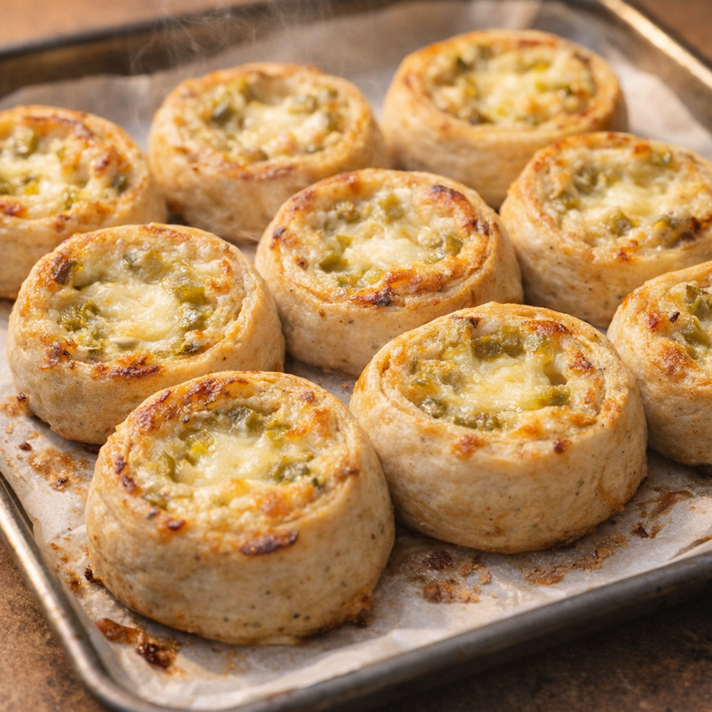 Freshly baked pinwheels cooling on a sheet pan