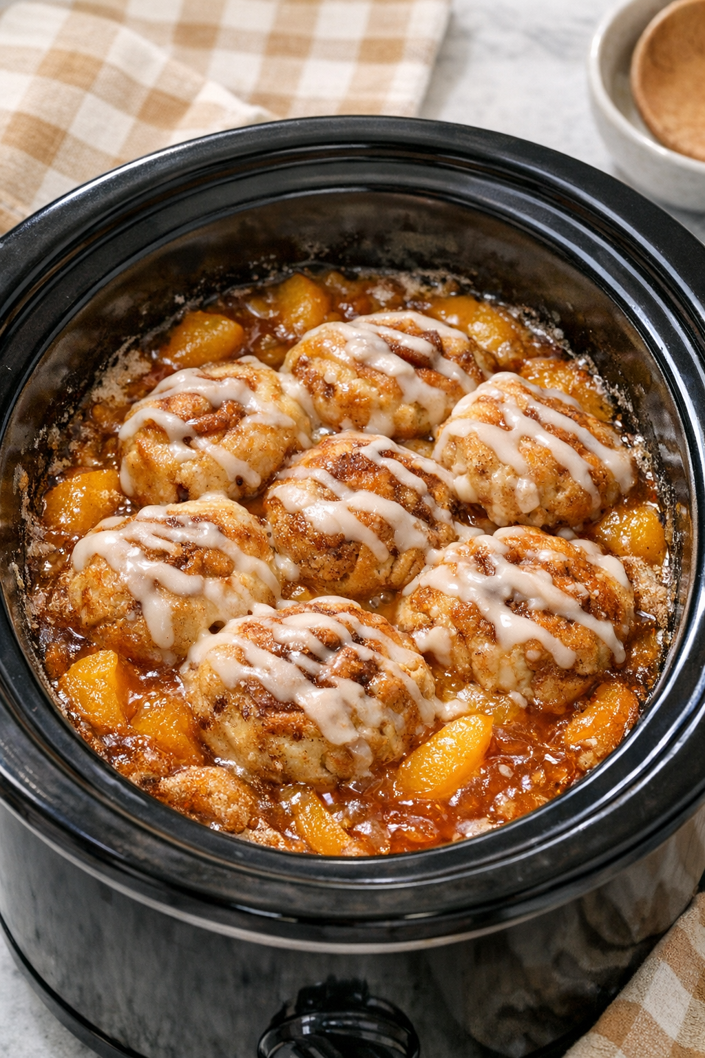 Cooked cinnamon roll dessert in the slow cooker