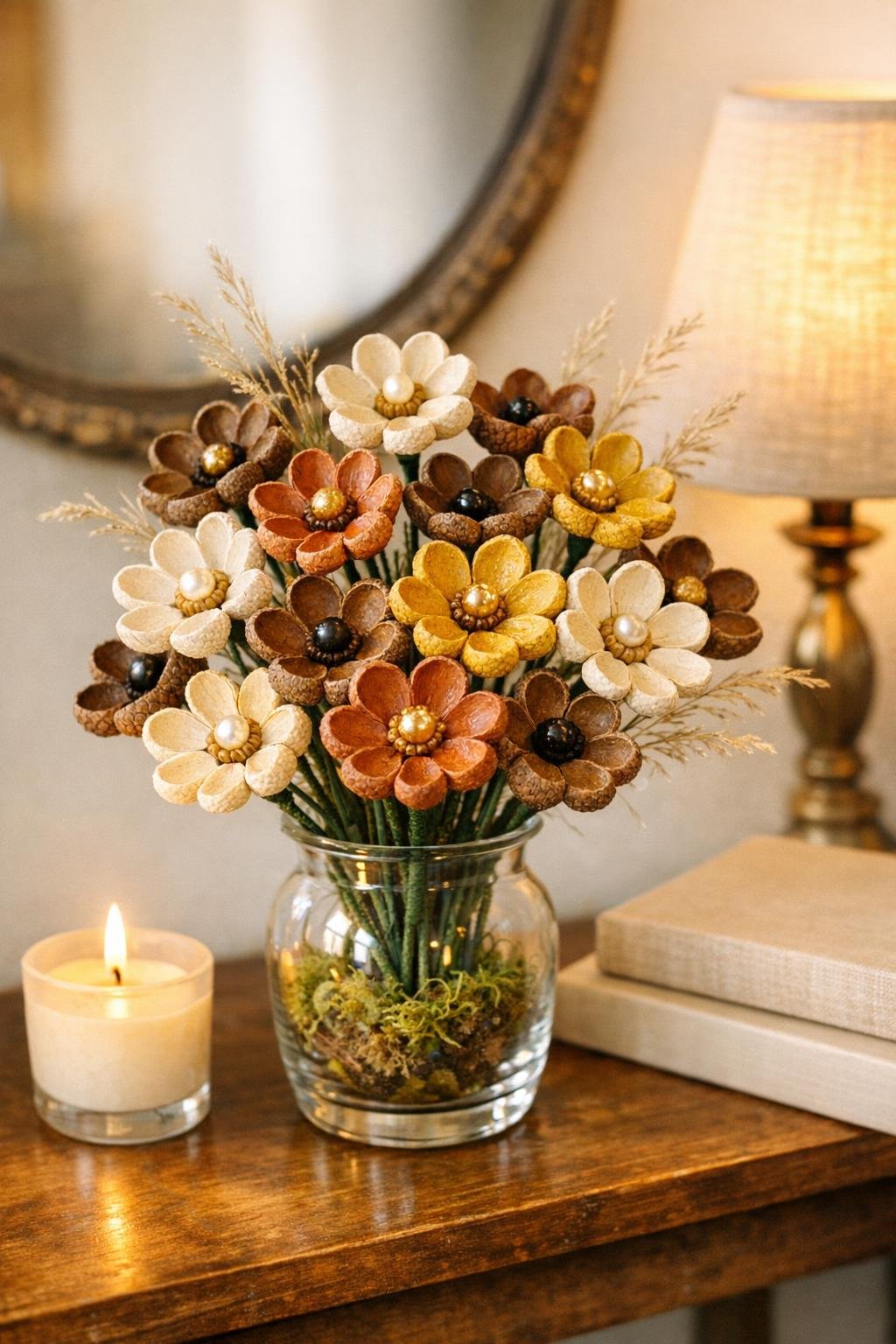 Finished acorn cap flower arrangement displayed in a vase