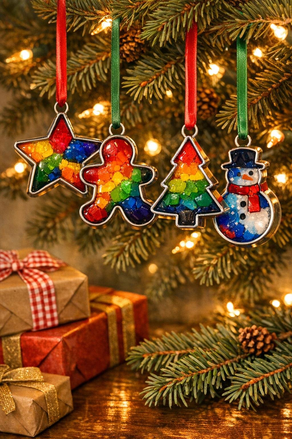Finished crayon cookie cutter ornaments hanging on a decorated tree